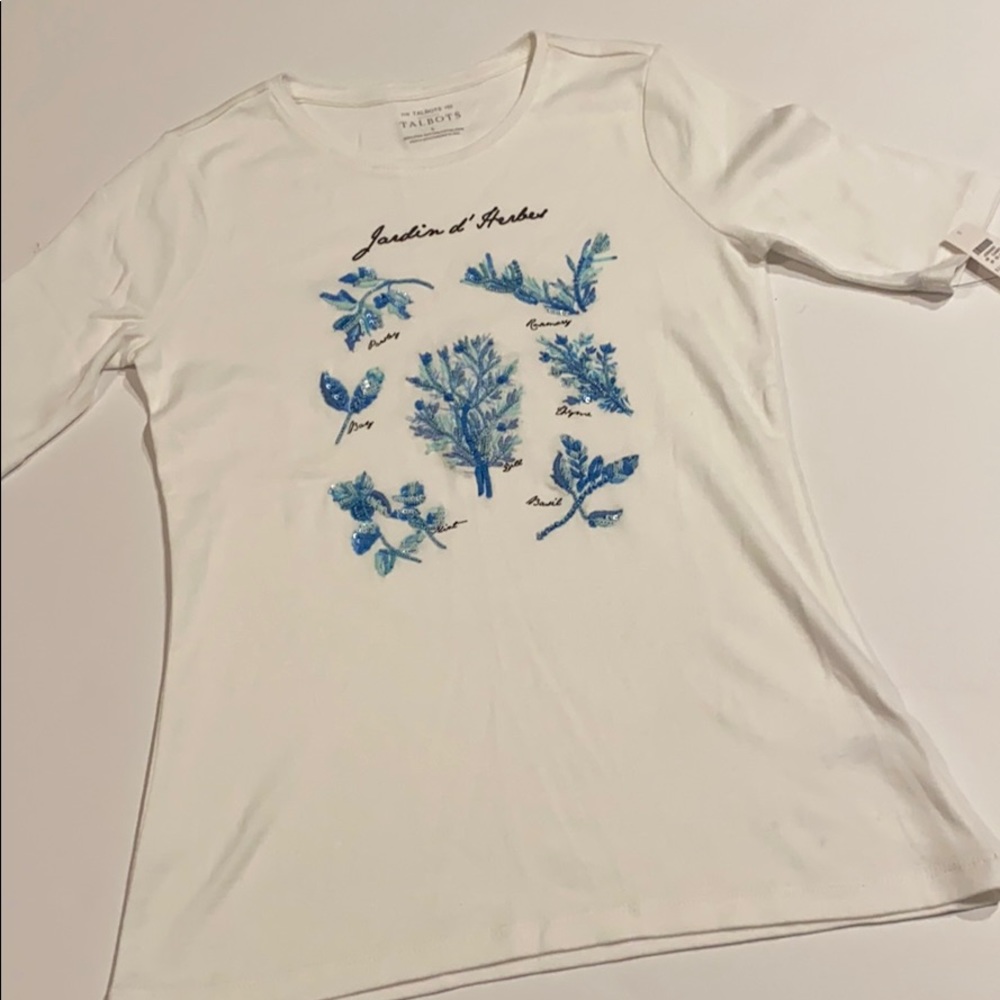 Talbots Small Cotton Jardin d’Herbes Embellished Tee Shirt New (e)